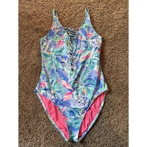 Lilly Pulitzer Isle Lattice One Piece Swimsuit Bathing Suit Tropical Print Sz 14